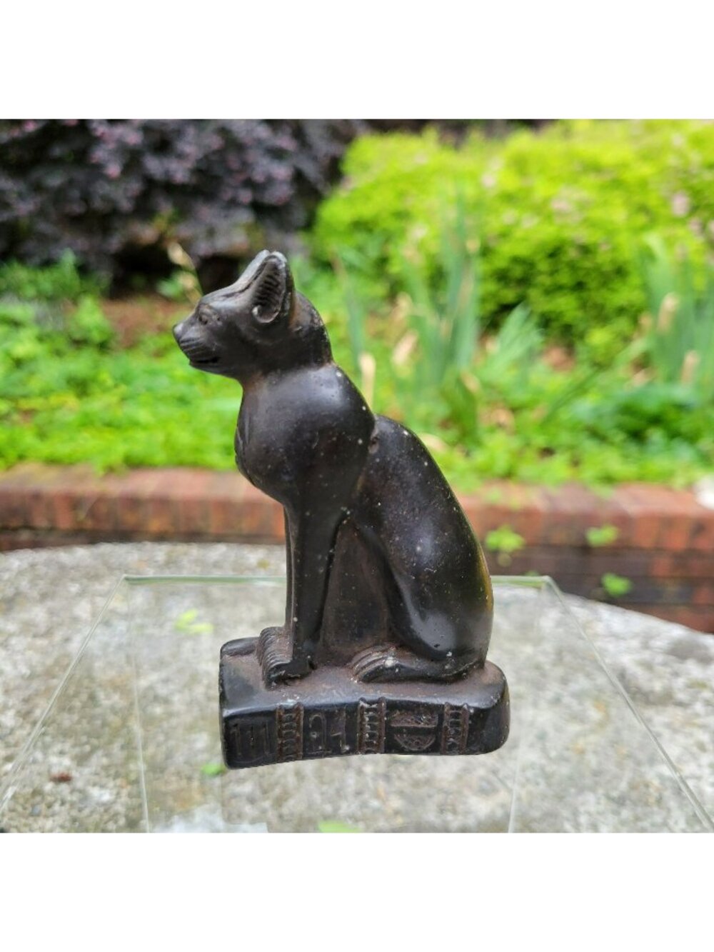 Vintage Egyptian Goddess Bastet Black  Basalt Cat Figurine With Hieroglyphics